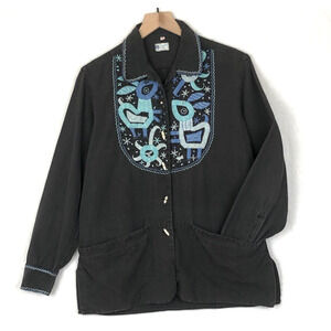 VTG VICKI Hand-Embroidered Mexican Jacket Sz 16 Black Pockets Toggle Folk L/S